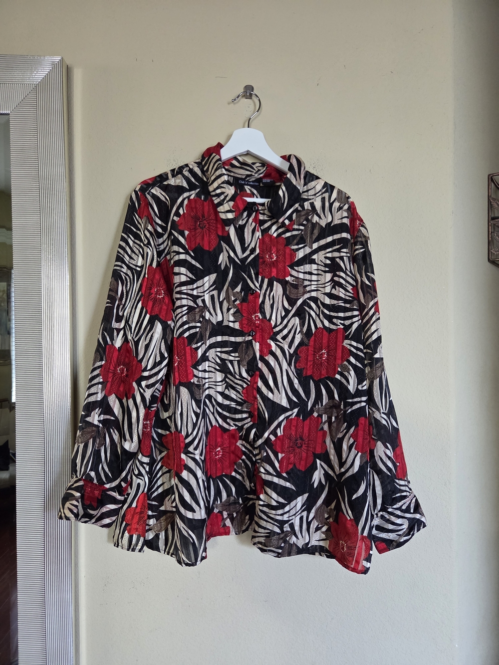 Women's Button-Down Floral & Zebra Print Shirt in Black, Cream and Red